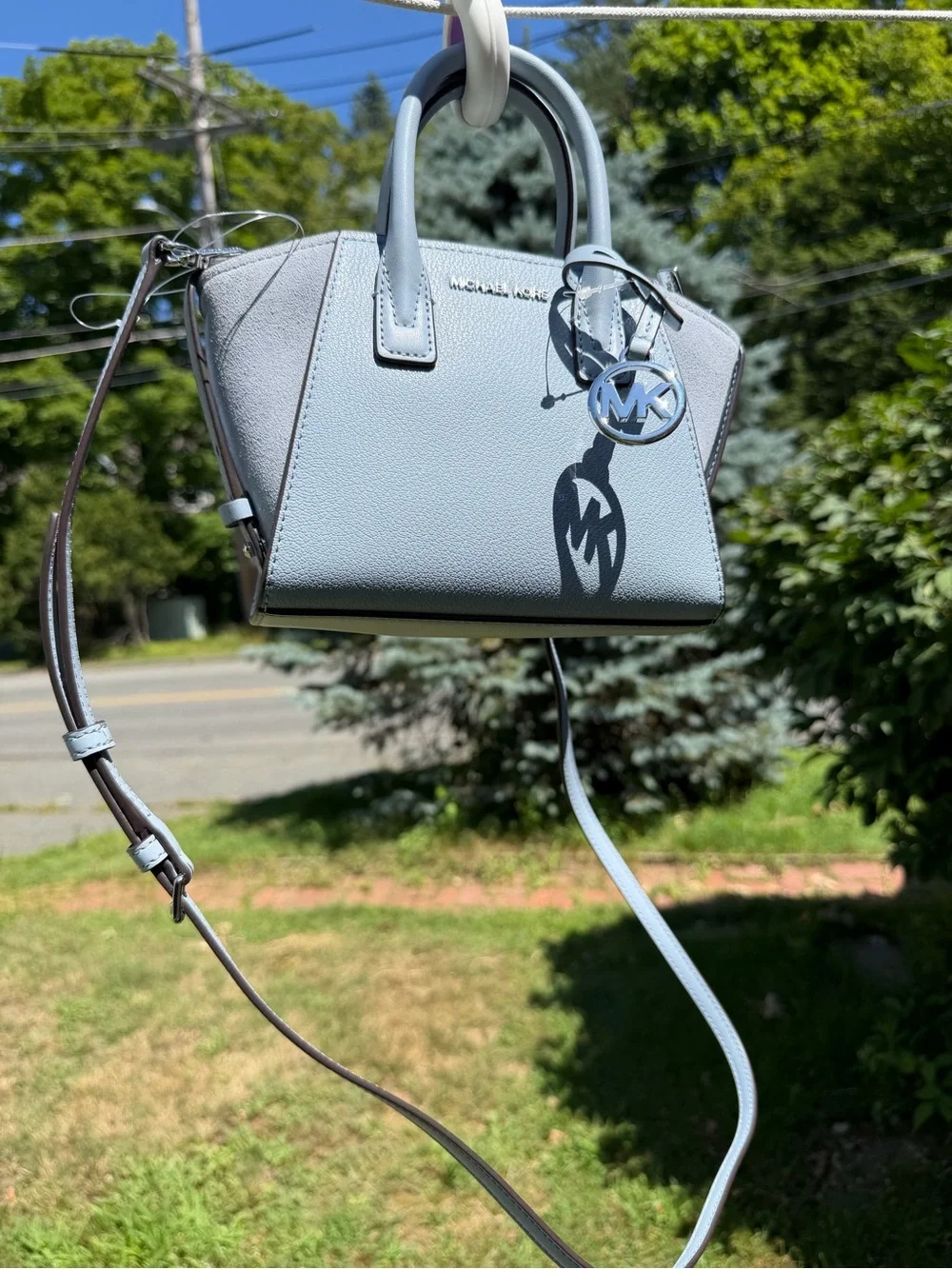 Michael Kors Avril XS Satchel Pale Blue Pebbled Leather Crossbody NWT